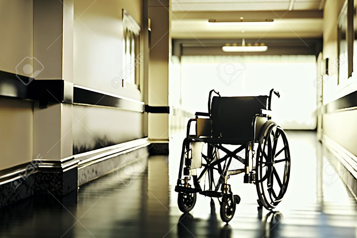 標準的な手動車椅子立って空の病院の廊下で