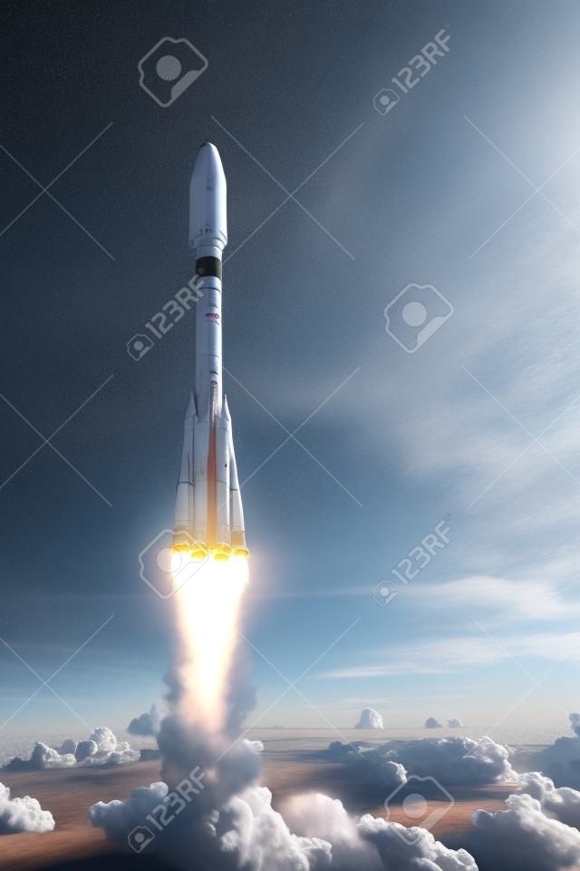 Heavy Carrier Rocket Launch In Clouds. 3D Scene.