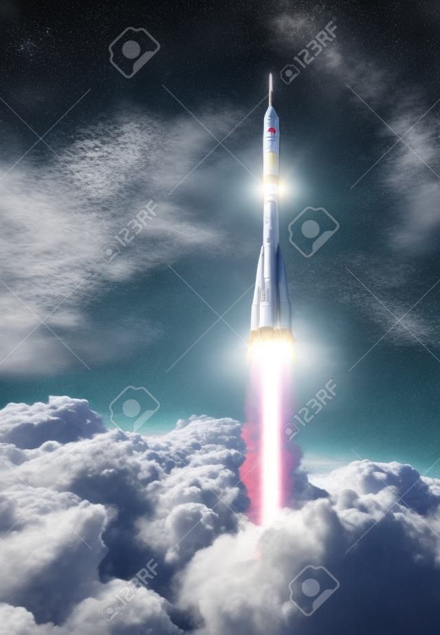 Bulutların üzerinde taşıyıcı roket. 3D Sahne.