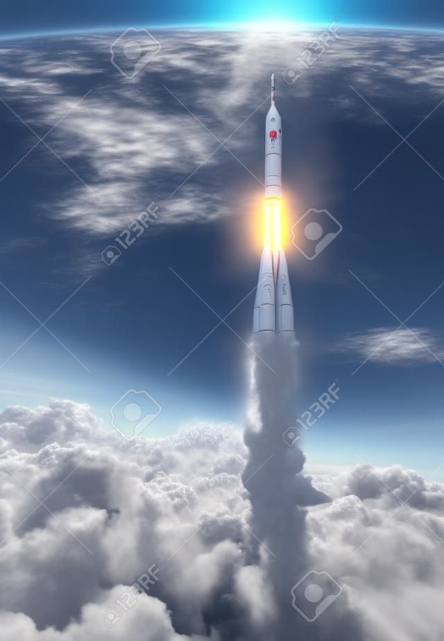 위로 구름 캐리어 로켓. 3D 장면.
