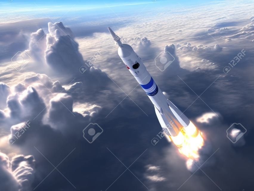 運載火箭發射在雲中。 3D場景。