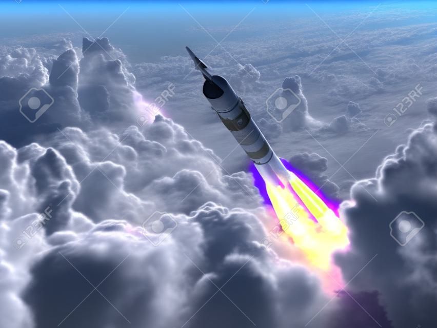 Carrier Rocket Launch In The Clouds. 3D Scene.