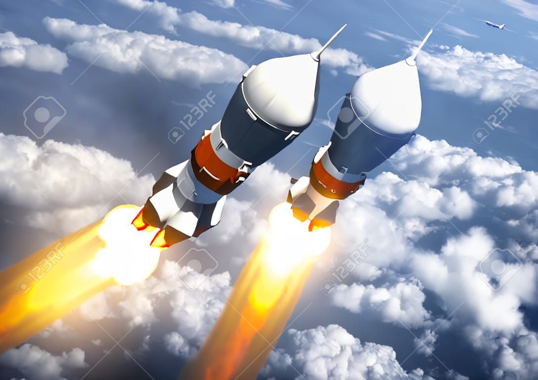 Cargo Carrier Rocket Launch In The Clouds. 3D Scene.