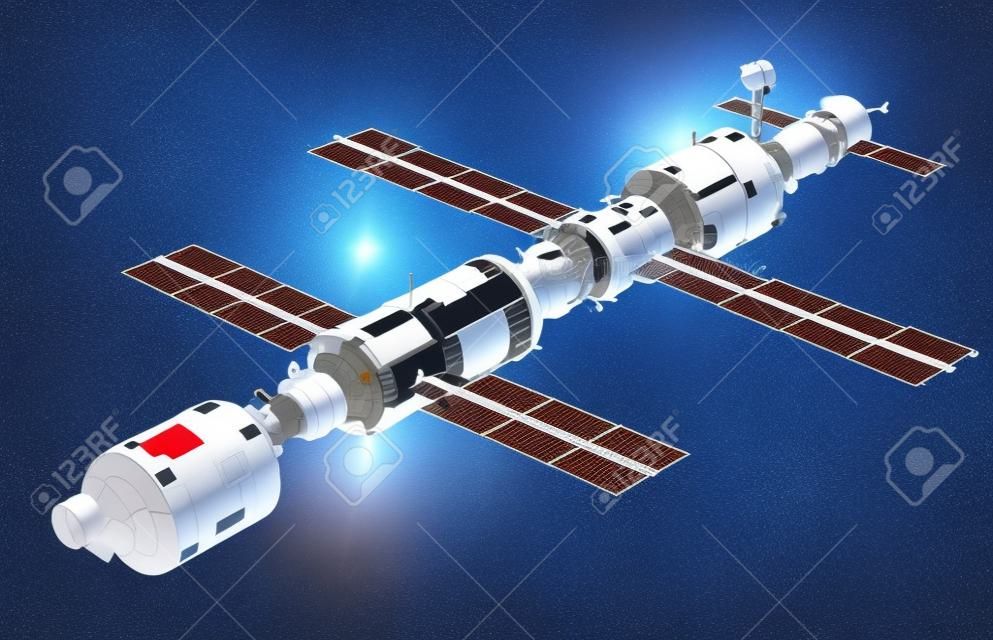 International Space Station Over White Background. 3D Illustration.