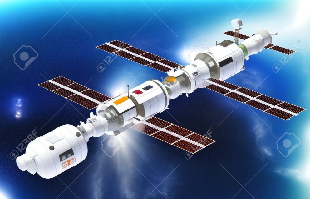 Station spatiale internationale sur fond blanc. Illustration 3D.