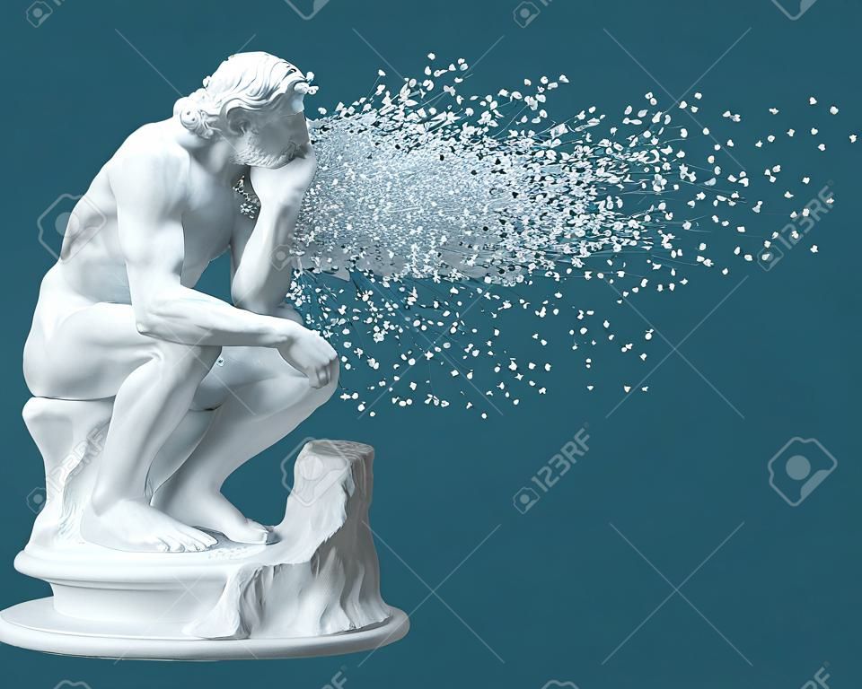 Desintegration Of Sculpture Thinker On Blue Background