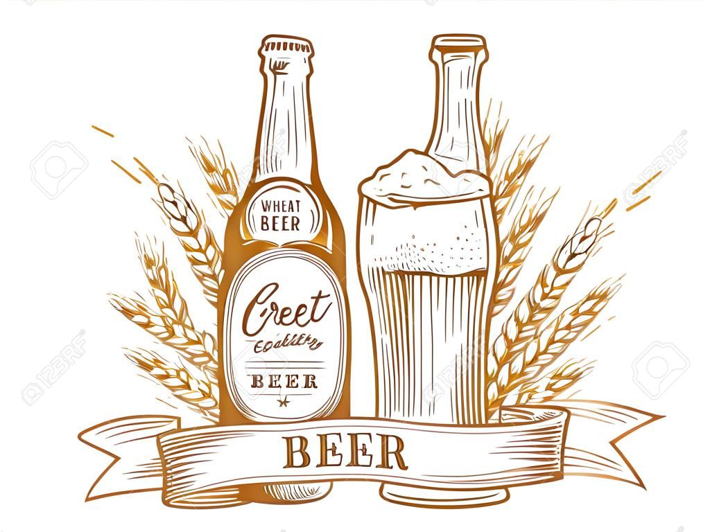 Wheat beer ads, beer bottle and glass with beer and ribbon. Vintage vector engraving illustration for web, poster, invitation to party. Hand drawn design element isolated on white background.
