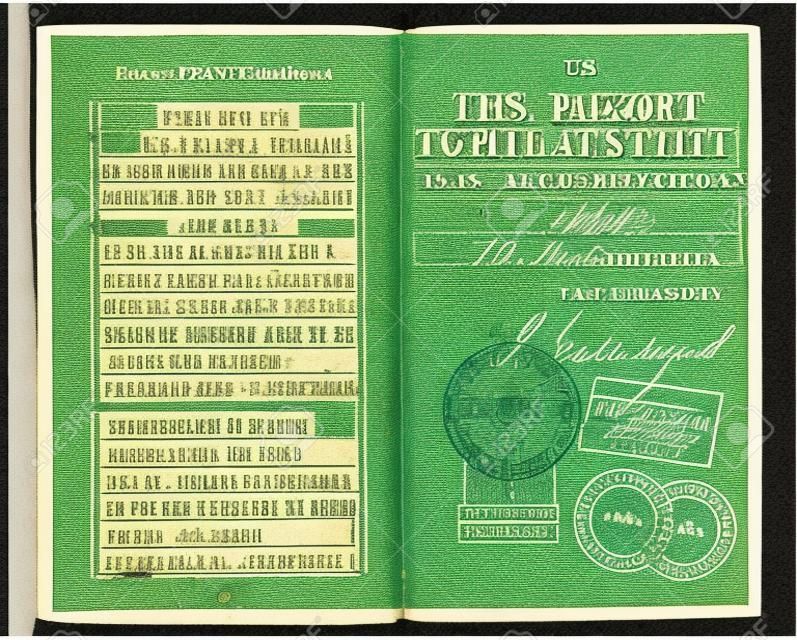 Un passeport américain des années 1920 ouvert à deux pages faisant face à des timbres de douanes de 1928 Italie.