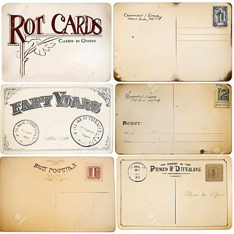 1900'lerin başından kalma, ağır şekilde yaşlandırılmış altı kartpostal seti. Her kart boştur ve metin ve resimleriniz için yer vardır.