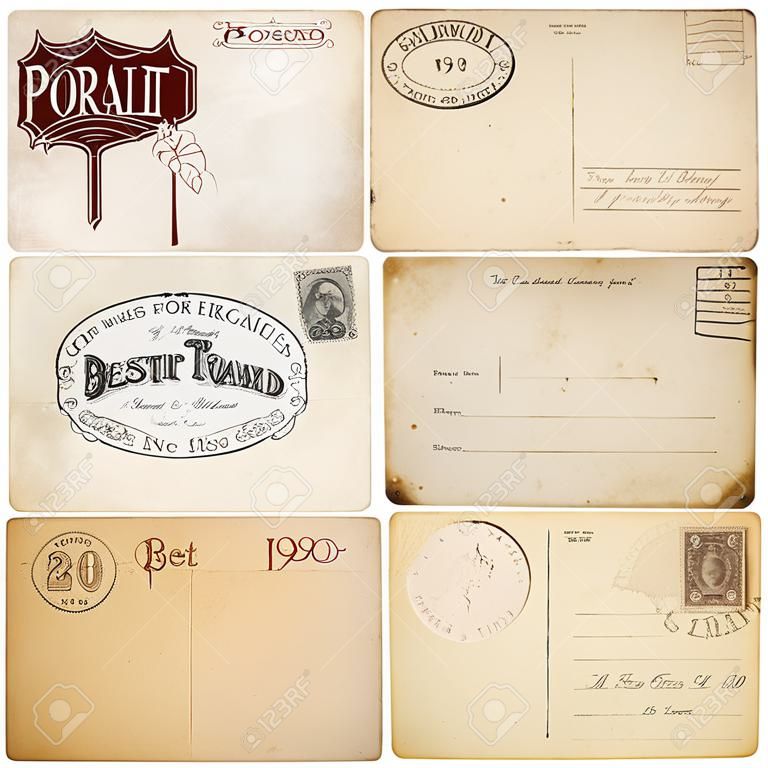 A set of six heavily aged postcards from early 1900s. Each card is blank with room for your text and images.
