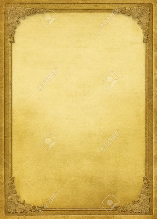 Aged, yellowing paper with stains and smudges. Blank except for printed border with ornate corners. Isolated on white. Includes clipping path.