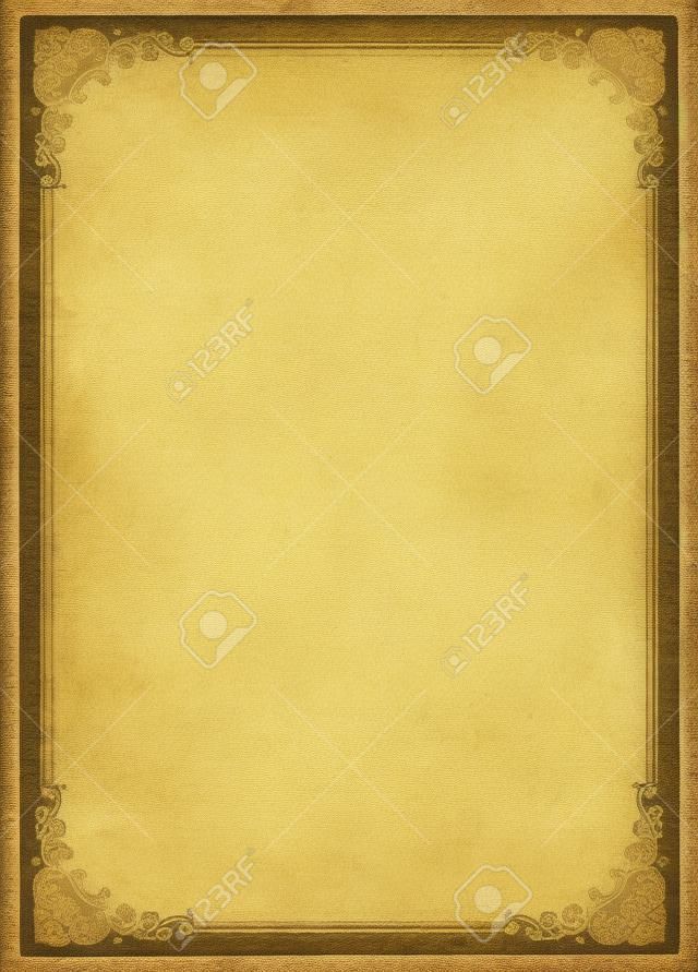 Aged, yellowing paper with stains and smudges. Blank except for printed border with ornate corners. Isolated on white. Includes clipping path.