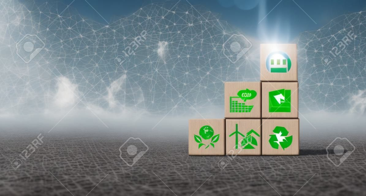 Net zero and carbon neutral concept. Net zero greenhouse gas emissions target. Climate neutral long term strategy. Putting wooden cubes with green net zero icon and save world icon on grey background.