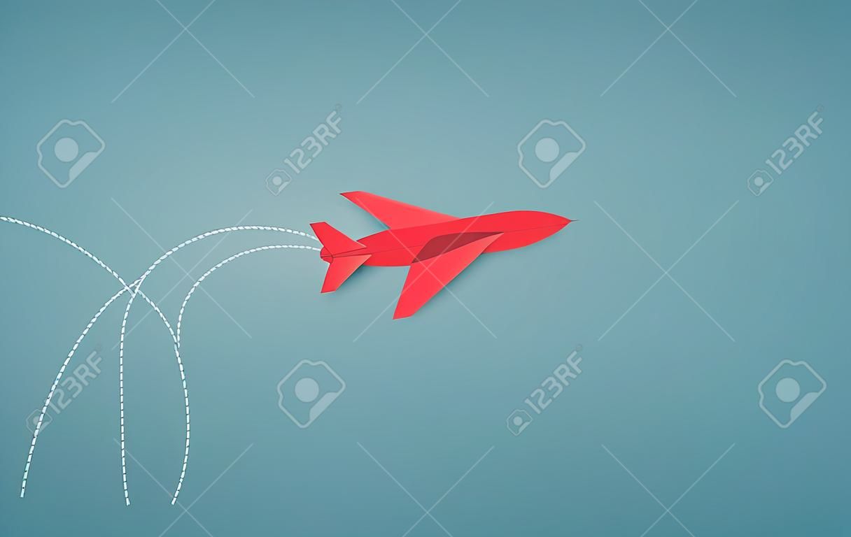 Minimalist style red airplane changing direction and white ones. New idea, innovation and unique way concept