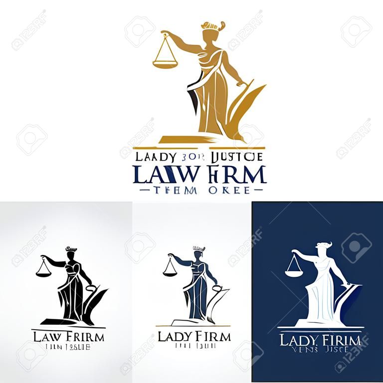 Logo Anwaltskanzlei Dame des Rechts / Gerechtigkeit Göttin Themis, Dame Gerechtigkeit Femida. Stilisierter Konturvektor. Blinde Frau Waage und Schwert.
