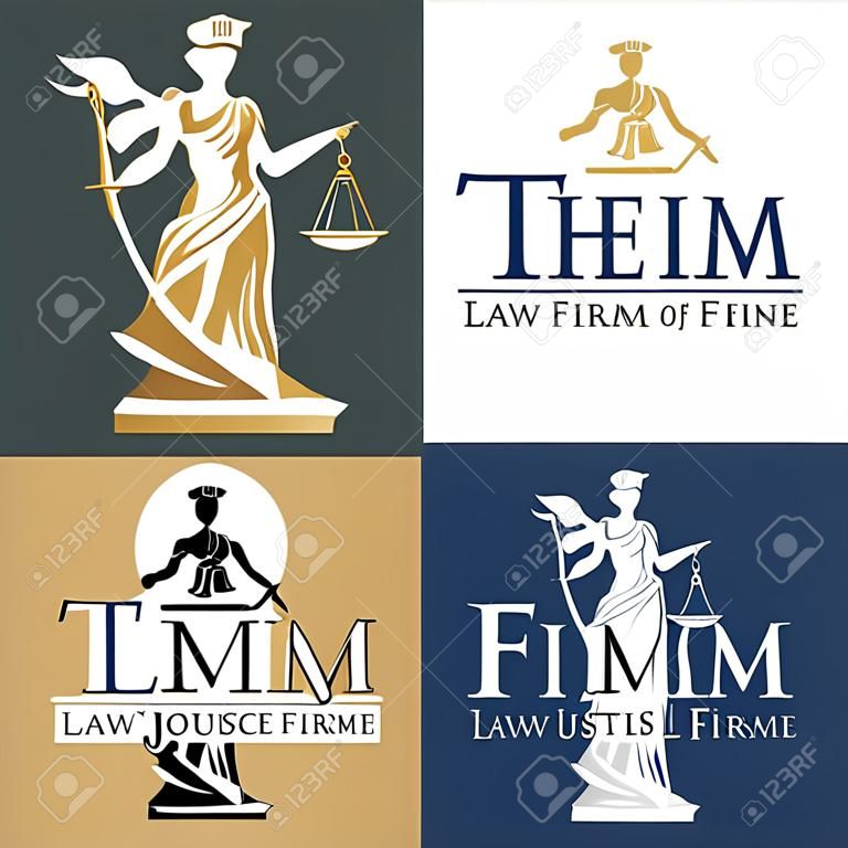 Logo cabinet d'avocats dame justice / Justice déesse Thémis, dame justice Femida. vecteur contour stylisé. Une femme aveugle tenant une balance et l'épée.