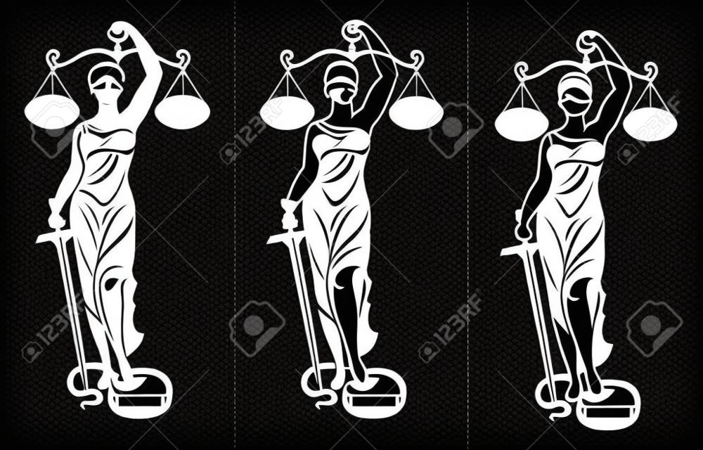 Lady Justice Themis 3 / Vector illustration silhouette de la base de Themis tenant des balances balance et épée isolé sur fond coloré. Symbole de justice, de loi et d'ordre