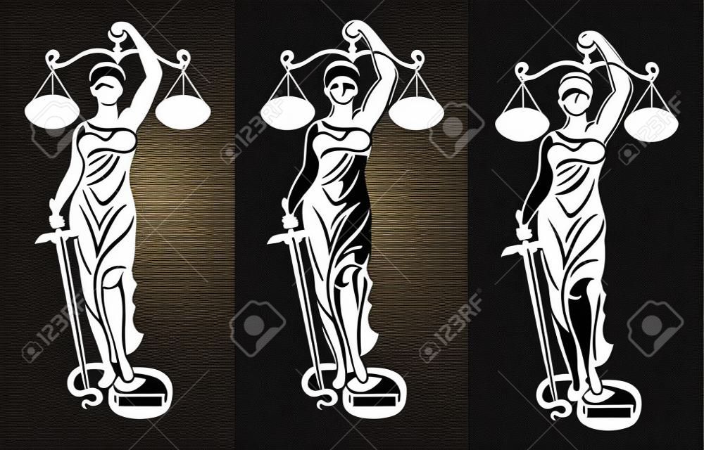 Lady Justice Themis 3 / Vector illustration silhouette de la base de Themis tenant des balances balance et épée isolé sur fond coloré. Symbole de justice, de loi et d'ordre