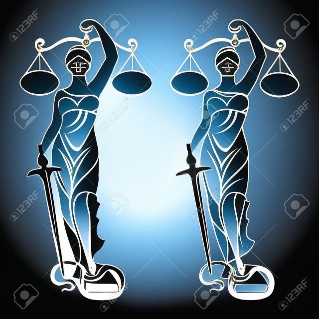 正義の女神テミス/テミス像持株のベクトル イラスト シルエット スケール バランスと白い背景で隔離の剣。正義、法と秩序の象徴。
