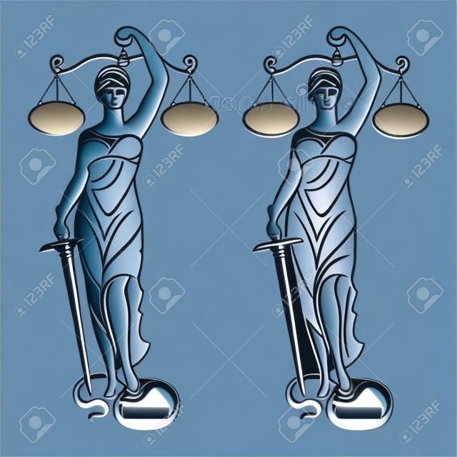 Dame Gerechtigkeit Themis / Vektor-Illustration Silhouette der Themis Statue halten Skalen Gleichgewicht und Schwert isoliert auf weißem Hintergrund. Symbol der Gerechtigkeit, Gesetz und Ordnung.