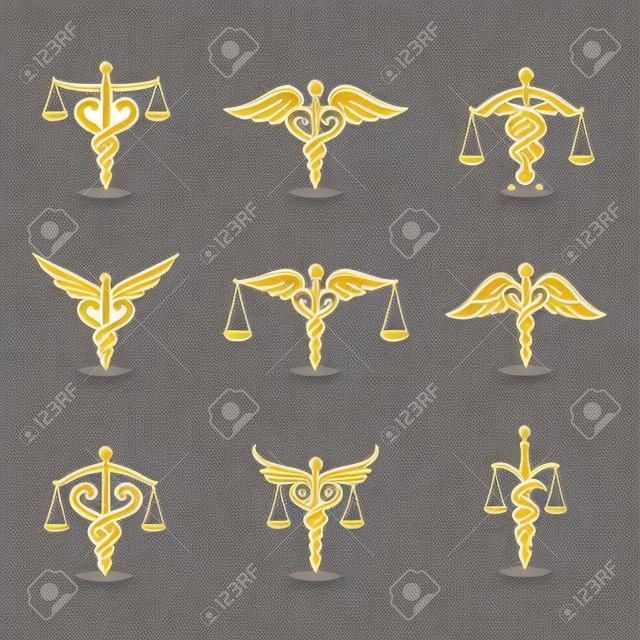 The set scales, justice, Academy, health care logos, emblems and design elements. Labels and badges Law firm, health, medicine, business