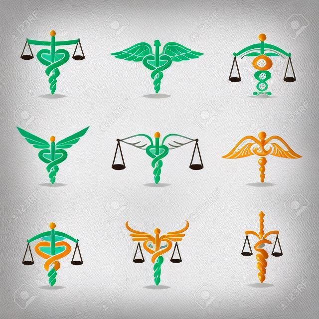 The set scales, justice, Academy, health care logos, emblems and design elements. Labels and badges Law firm, health, medicine, business