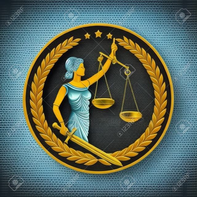 정의의 여신, 테미스, 칼과 비늘을 가진 페미다. 법률 사무소, 변호사 서비스, 법률 사무소의 로고 또는 상징 디자인. 질서, 공정성, 법, 공정한 재판, 규칙, 법령의 의인화. 벡터 일러스트 레이 션.