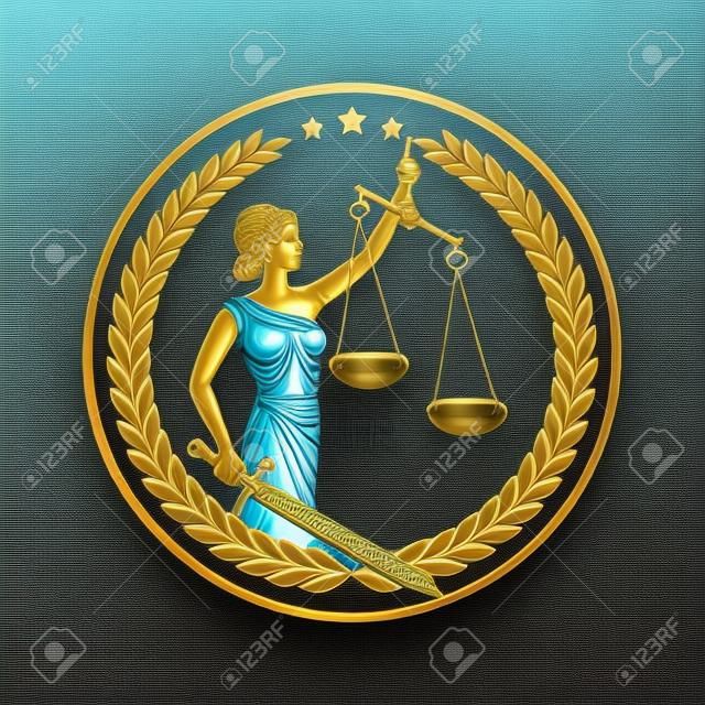 Dama de la justicia, Themis, Femida con espada y escamas. Diseño de logotipo o emblema para bufete de abogados, servicio de abogados, despacho de abogados. Personificación del orden, equidad, ley, juicio justo, regla, estatuto. Ilustración vectorial.