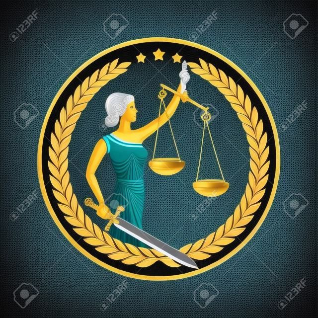 Dama de la justicia, Themis, Femida con espada y escamas. Diseño de logotipo o emblema para bufete de abogados, servicio de abogados, despacho de abogados. Personificación del orden, equidad, ley, juicio justo, regla, estatuto. Ilustración vectorial.