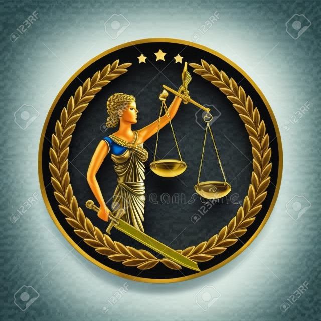 Lady justice, Themis, Femida with sword and scales. Logo or emblem design for Law firm, Lawyer service, Law office. Personification of order, fairness, law, fair trial, rule, statute. Vector illustration.