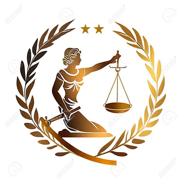 정의의 여신, 테미스, 칼과 비늘을 가진 페미다. 법률 사무소, 변호사 서비스, 법률 사무소의 로고 또는 상징 디자인. 질서, 공정성, 법, 공정한 재판, 규칙, 법령의 의인화. 벡터 일러스트 레이 션.