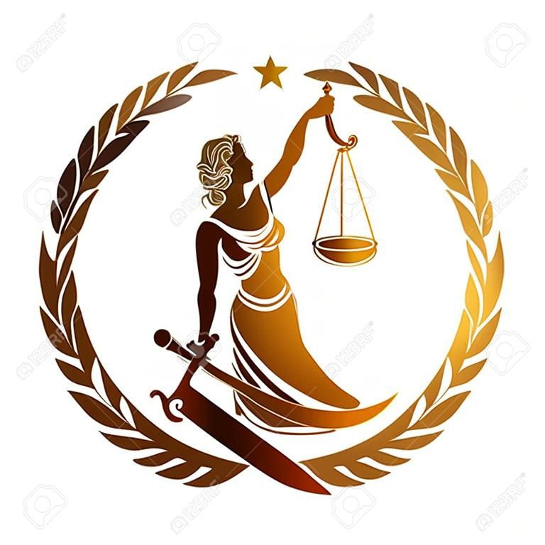Sprawiedliwości, Themis, Femida z mieczem i wagą. Projekt logo lub godła dla kancelarii prawnej, obsługi prawniczej, kancelarii prawnej. Personifikacja porządku, sprawiedliwości, prawa, rzetelnego procesu, reguły, statutu. Ilustracja wektorowa.