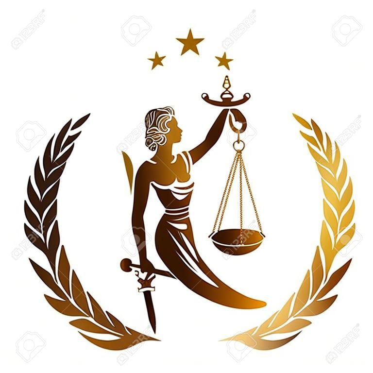 Lady Justice, Themis, Femida con spada e bilancia. Logo o emblema per studio legale, servizio legale, studio legale. Personificazione di ordine, equità, legge, giusto processo, regola, statuto. Illustrazione vettoriale.