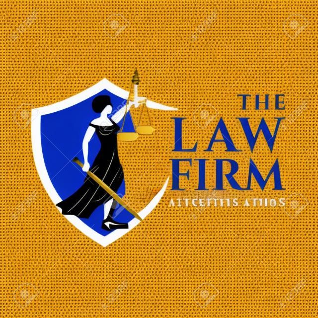 Justice Goddess Themis, lady justice. Logo design with the Statue of Femida for law firm, lawyers, rights attorneys, business law firm. Blindfold woman holding scales and sword. Vector illustration.