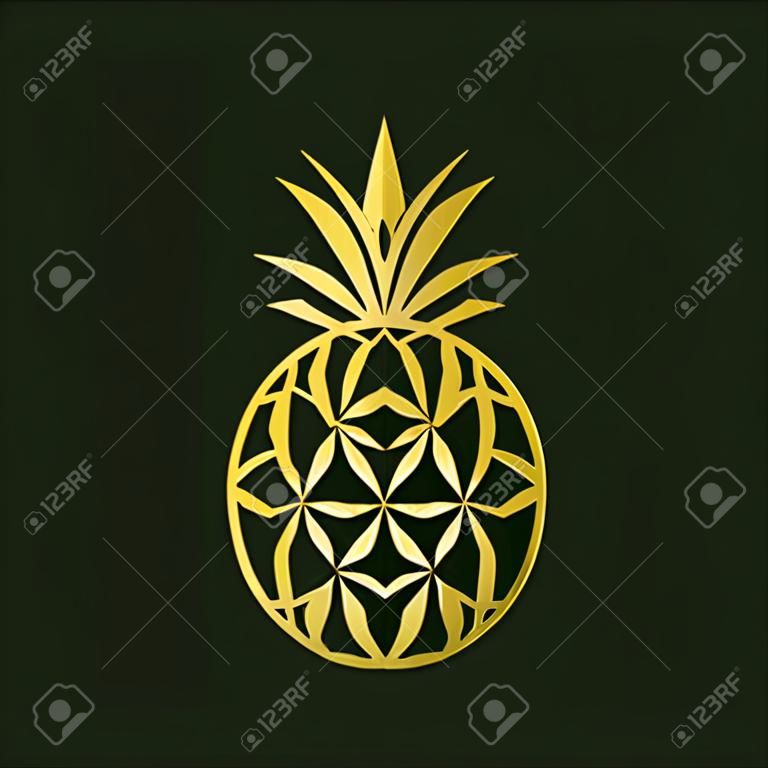 Golden geometric pineapple logo design to incorporate flower of life and pineapple incorporated in one. Abstract logo, symbol, emblem or icon of tropical fruit in golden color. Vector illustration.