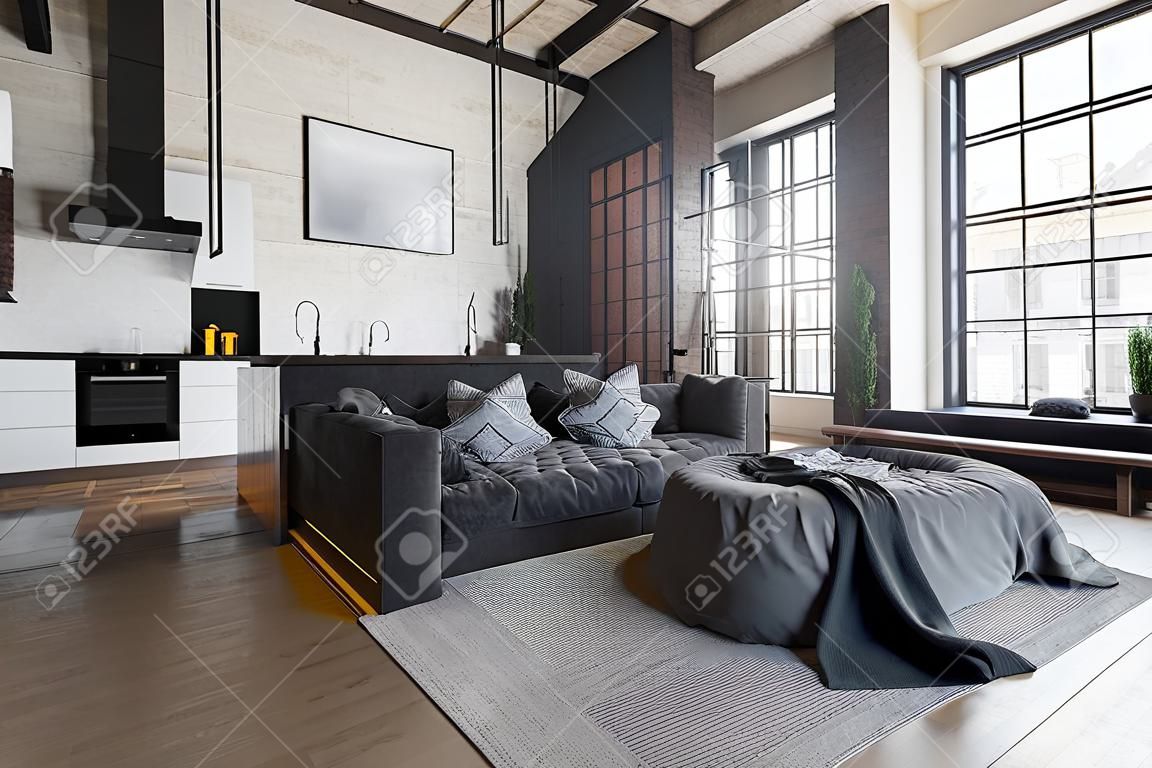 Luxus-Studio-Apartment mit freiem Grundriss im Loft-Stil in dunklen Farben. Stilvoller, moderner Küchenbereich mit Kochinsel, gemütlicher Schlafbereich mit Kamin und persönlichem Fitnessraum