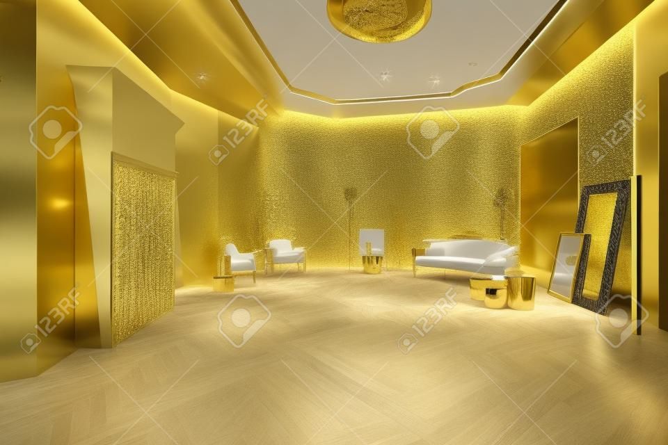 Intérieur lumineux de luxe du salon avec mur doré et meubles chics et coûteux aux couleurs blanc et or