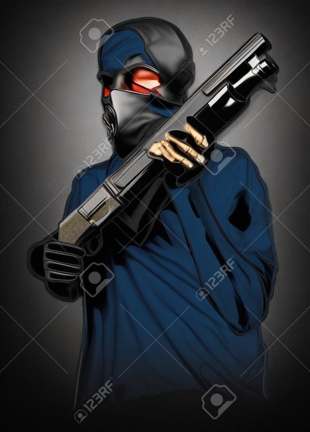 Gangster wearing mask with gun