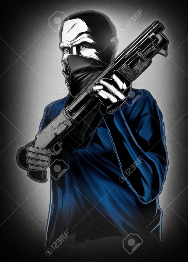 Gangster wearing mask with gun