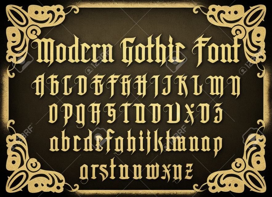 Alfabeto gótico moderno de vector en marco. Fuente vintage. Tipografía para etiquetas, titulares, carteles, etc.