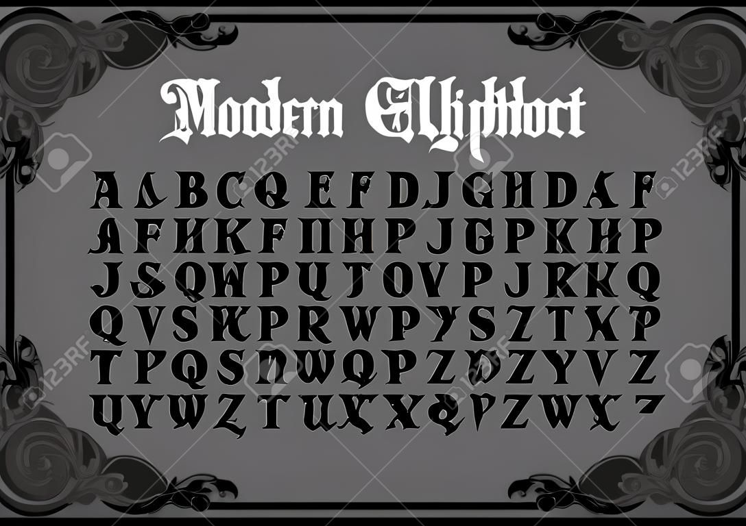 Alfabeto gótico moderno de vector en marco. Fuente vintage. Tipografía para etiquetas, titulares, carteles, etc.