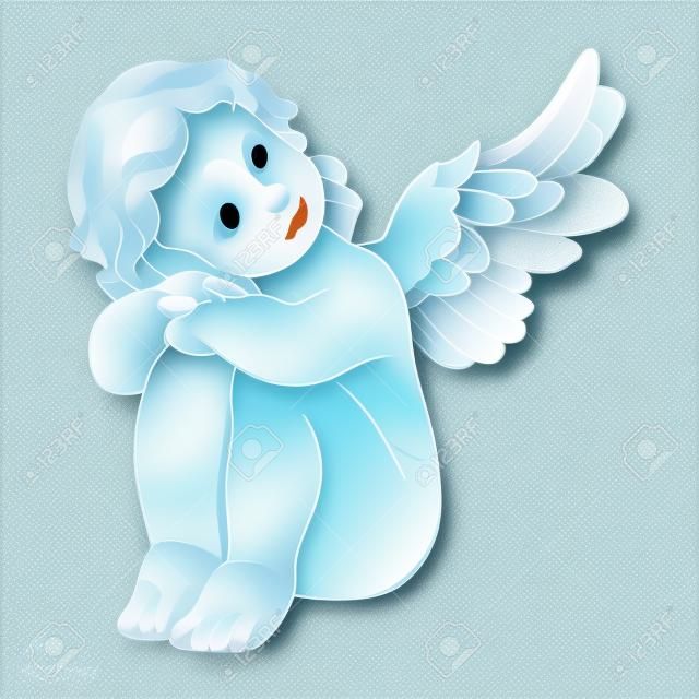 用一隻手的可愛的孤立的矢量概念卡繪製小天使。美麗的快樂聖誕節背景