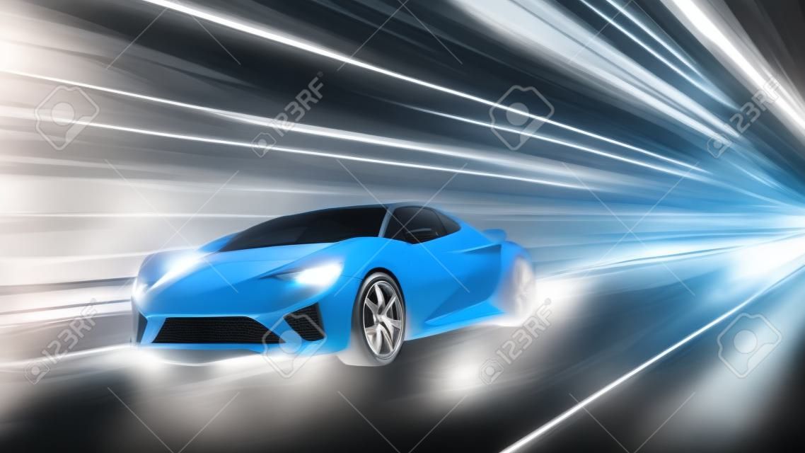 A modern sports car drives quickly through an abstract light tunnel . 3d illustration