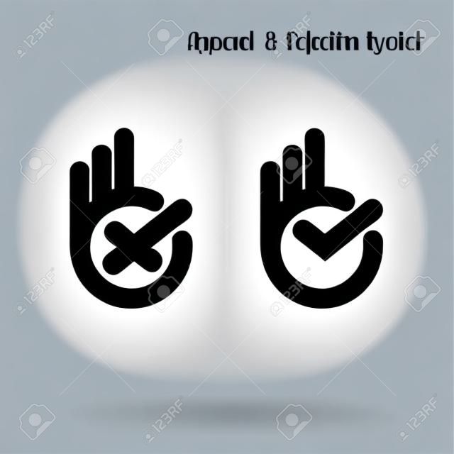 Hand and modern check mark icon.Wrong and right check mark icons.Ok   design vector symbol.Hand okay symbol icon  .Approval and rejection concept.Vector illustration