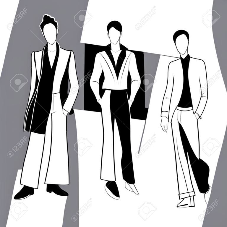Three fashionable men. Vector silhouette illustration