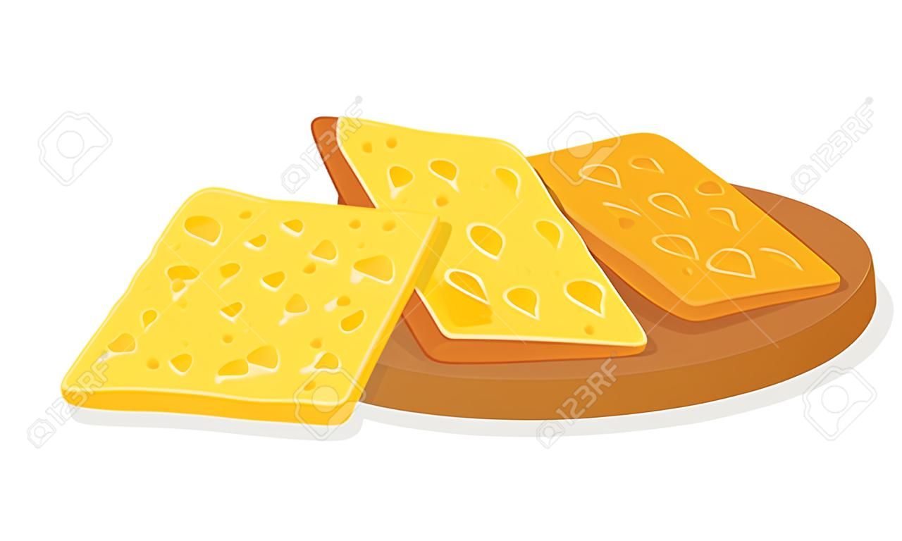Fatias de delicioso queijo suíço ou holandês amarelo poroso para torradas, sanduíches decorados com vegetação. Apetitoso café da manhã, lanche. Ilustração vetorial realista dos desenhos animados isolada no fundo branco.