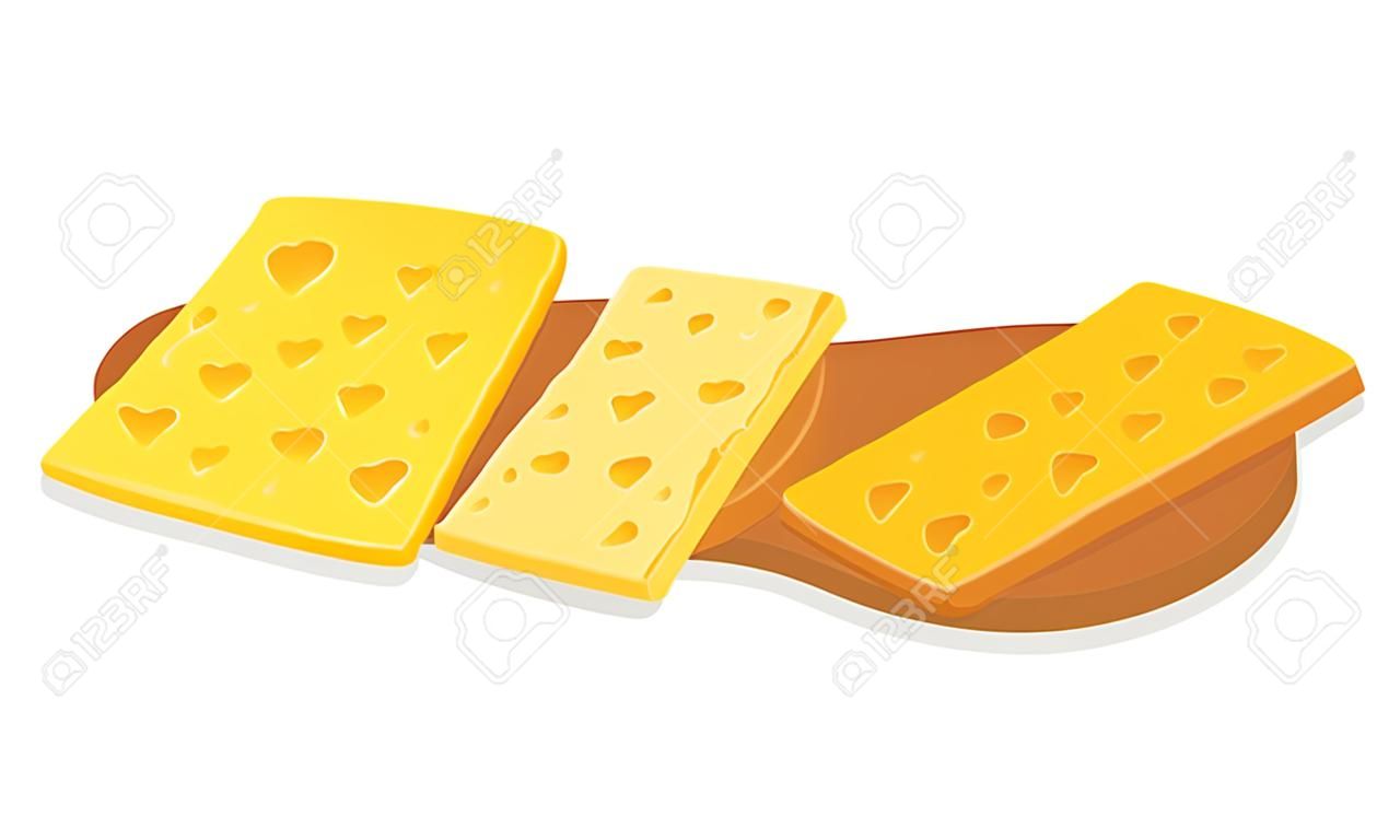 Fette di delizioso formaggio poroso giallo svizzero o olandese per toast, panini guarniti con verde. Colazione appetitosa, merenda. Illustrazione realistica di vettore del fumetto isolata su fondo bianco.