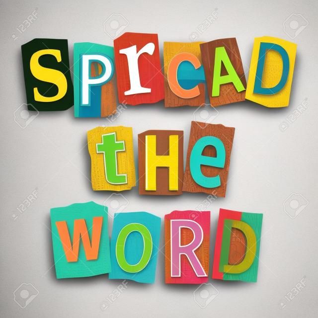 Illustrazione raffigurante un insieme di lettere stampate ritagliate disposti a formare le parole diffondere la parola.