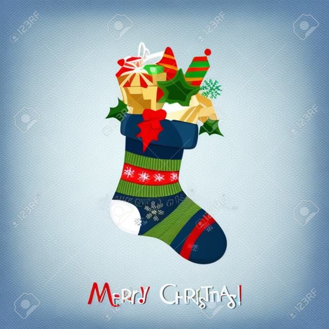 Christmas greeting card with sock full of gifts in flat style. Vector illustration.