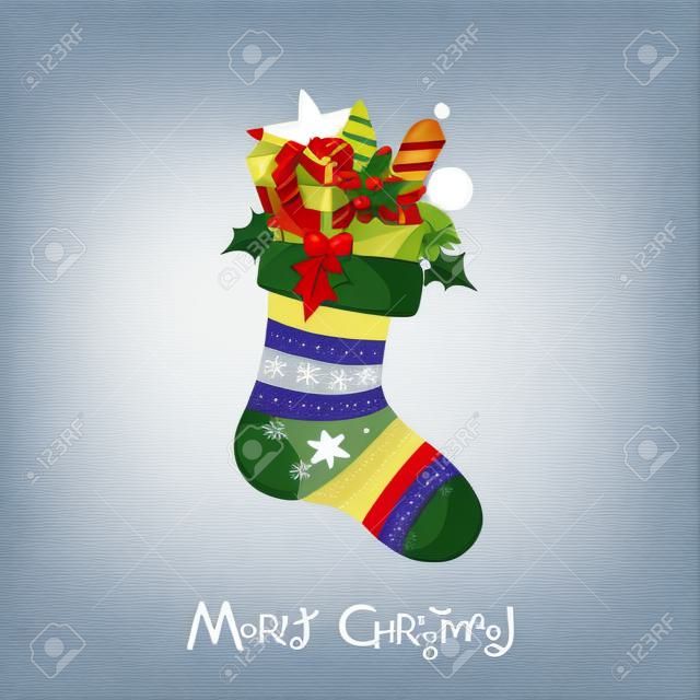 Christmas greeting card with sock full of gifts in flat style. Vector illustration.